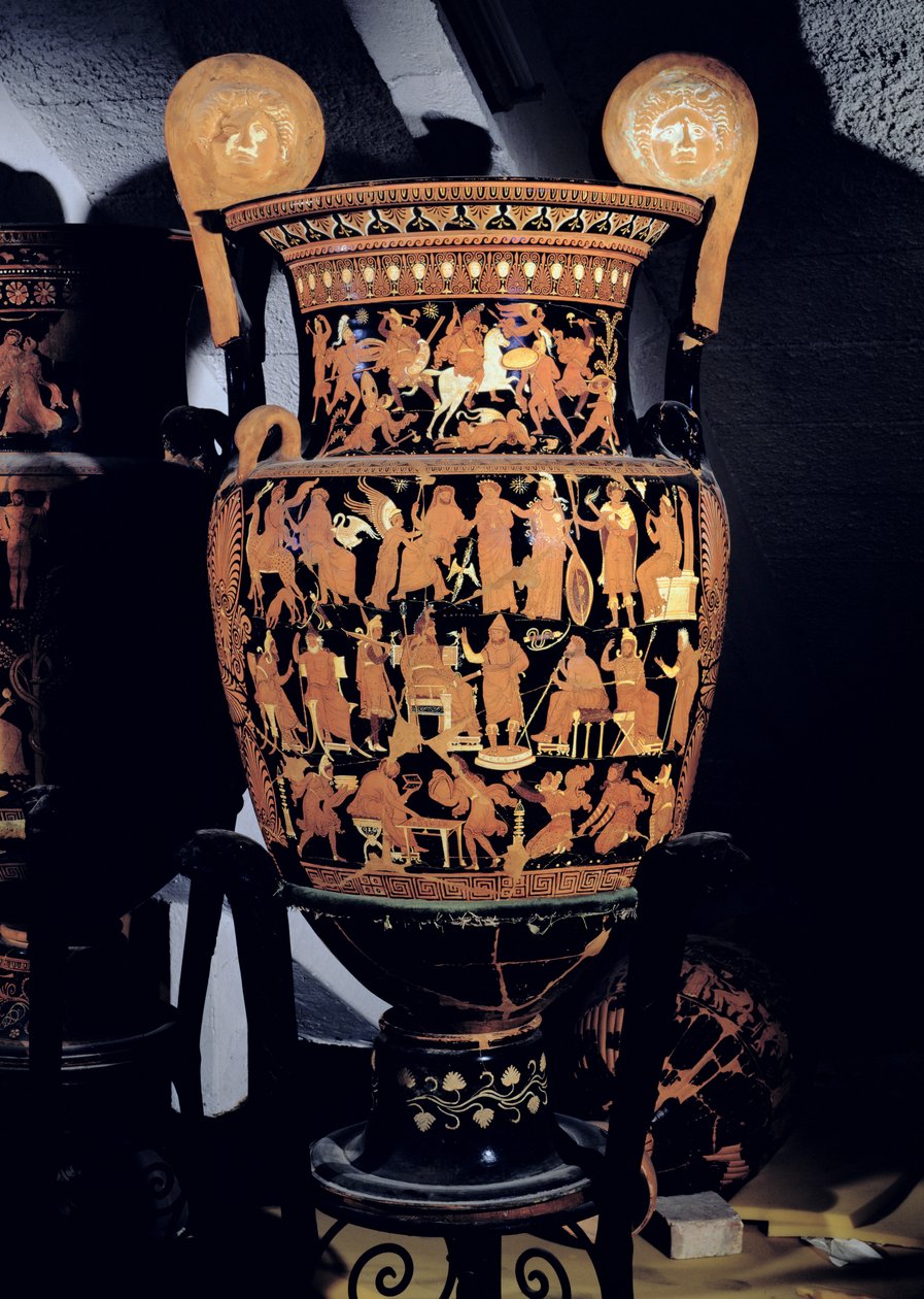 Apulische rotfigurige Volutenkrater mit Szenen eines persischen Königs und seiner Berater, die einem Boten zuhören, einer Personifikation von Griechenland und Asien vor Zeus und den Untertanen des Kaisers von Darius Painter