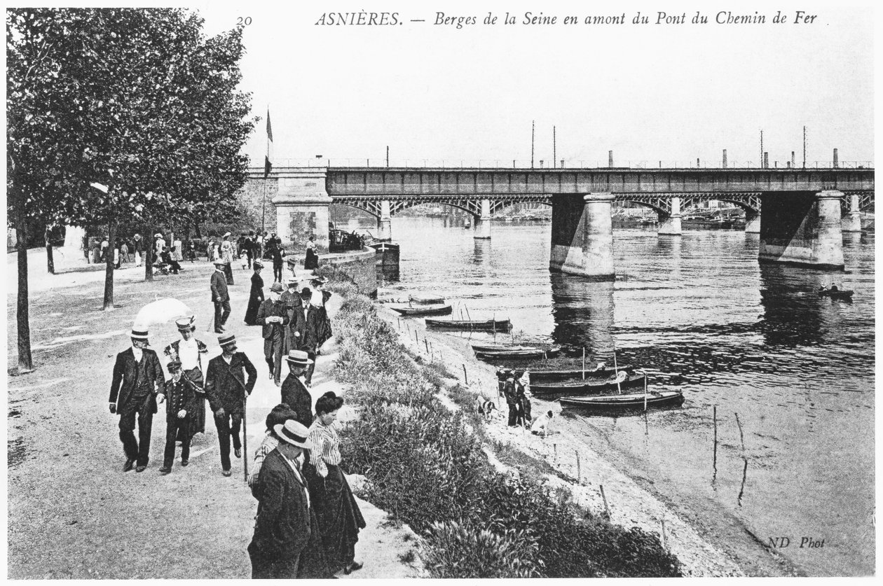 Asnieres, banks of the river Seine and the railway bridge, c.1900 by French Photographer