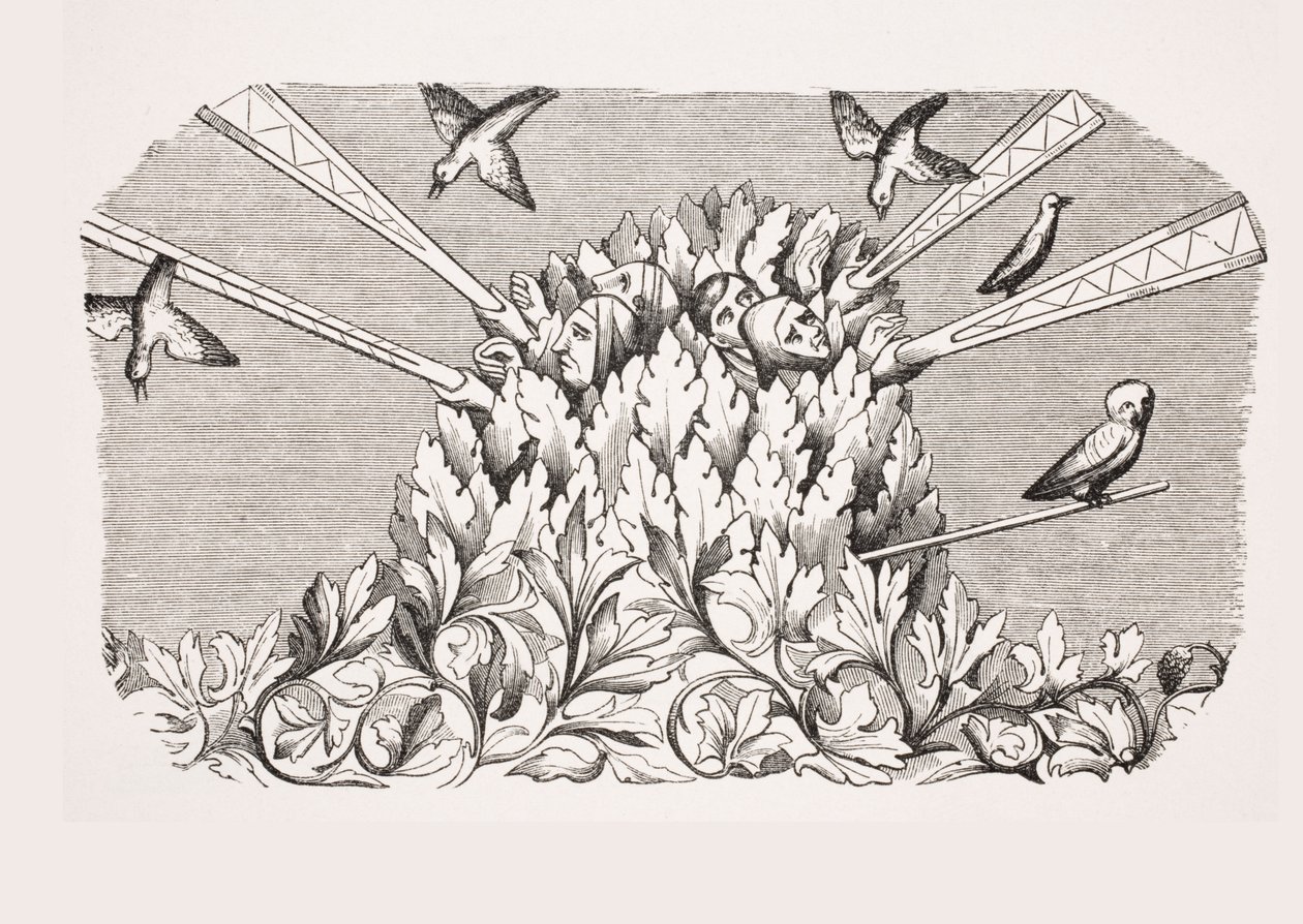 Bird Catching with Machine-like Extendable Arms, Reproduction of a Miniature in the 14th Century Manuscript 