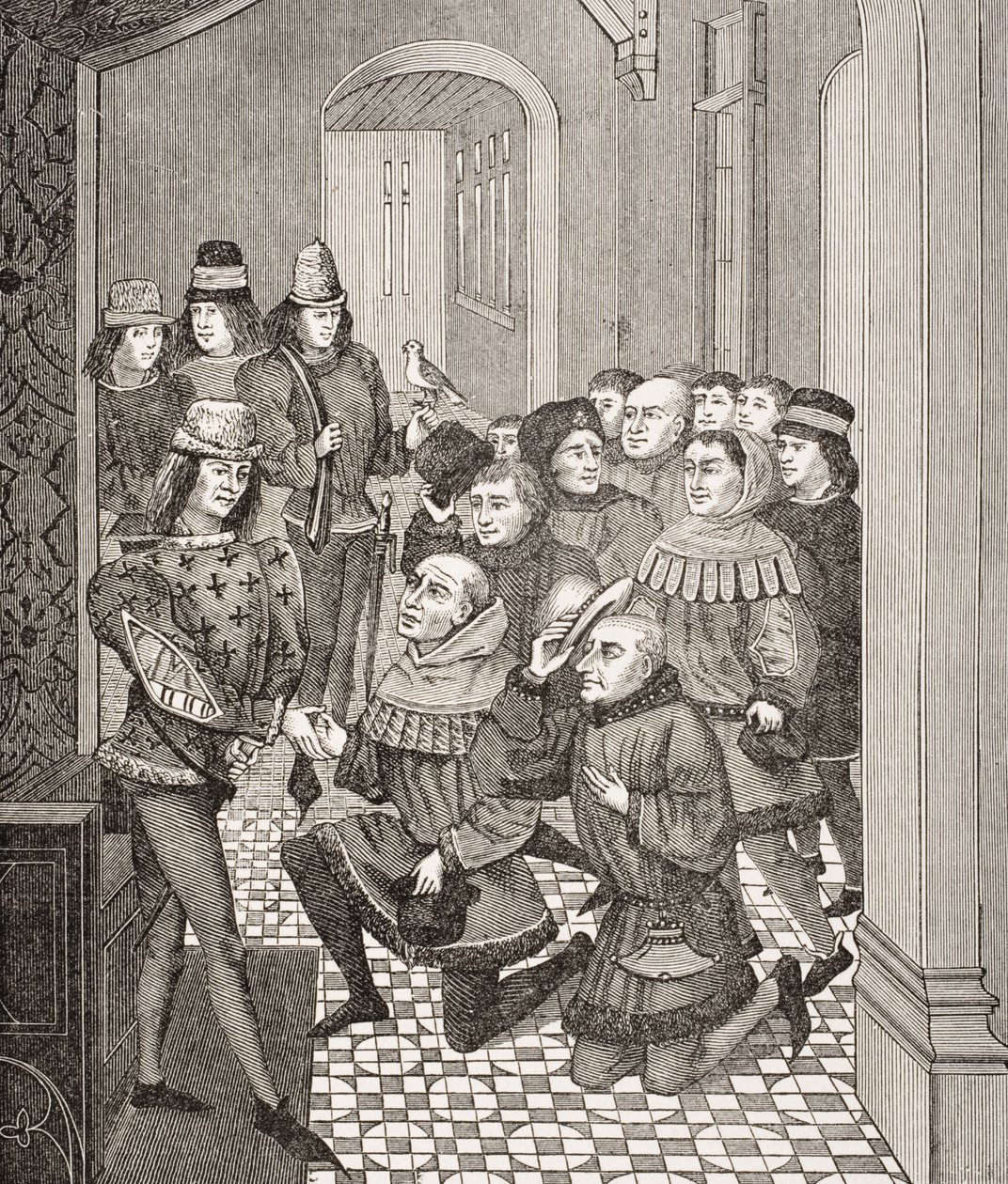 Deputies of the Ghent Burghers beg pardon from Louis II for their Revolt against him in 1397, based on a miniature in a book by Jean Froissart from 