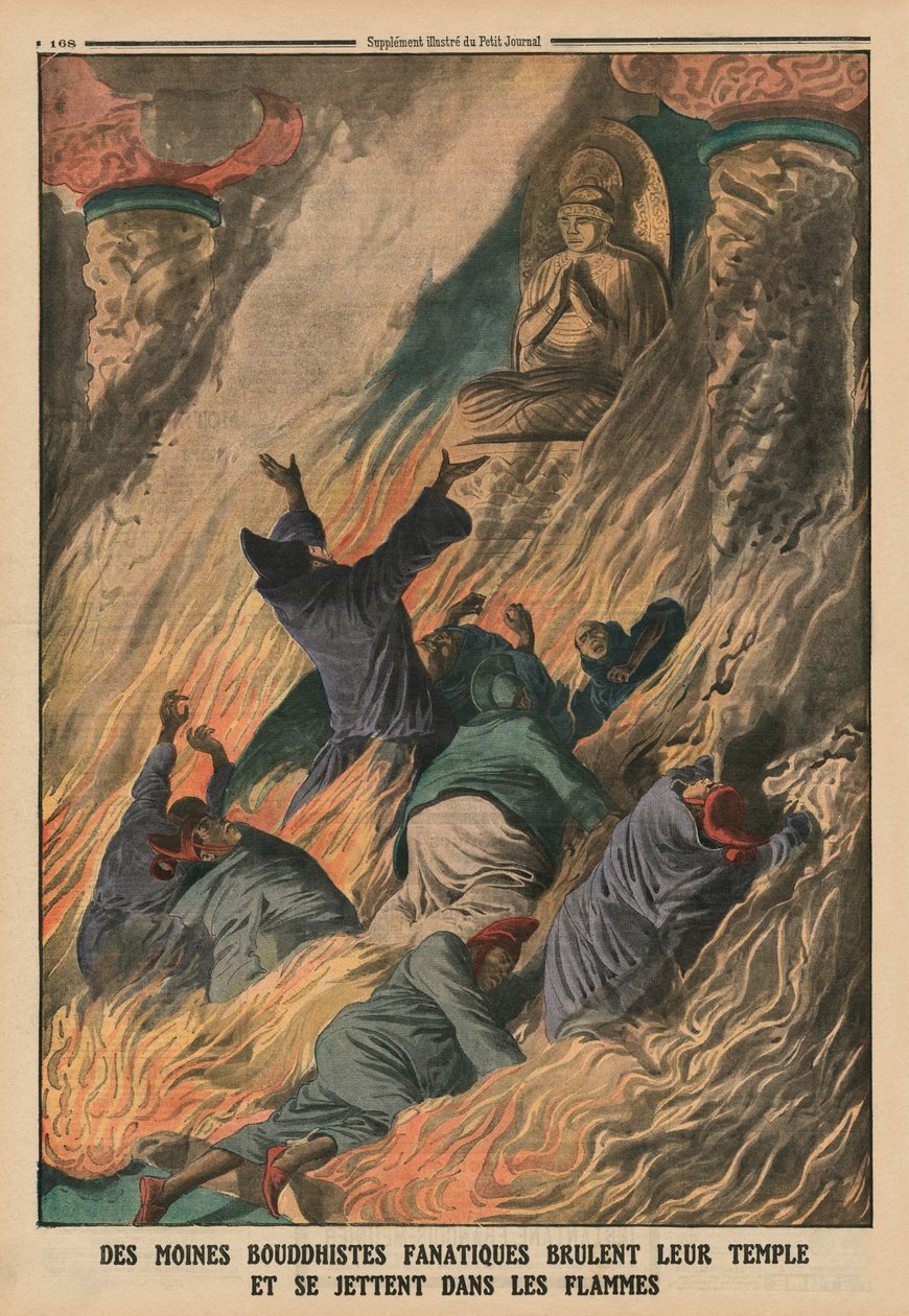 Fanatic Buddhist Monks Set Their Temple on Fire and Throw Themselves into the Flames, Island of Formosa, Back Cover Illustration from 