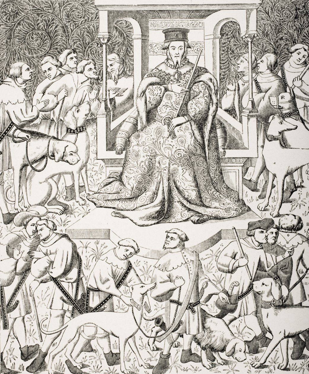 Gaston Phoebus Teaching the Art of Venery or Hunting, after a 15th century miniature of Phoebus and his Staff Hunting Wild Animals and Birds of Prey by French School