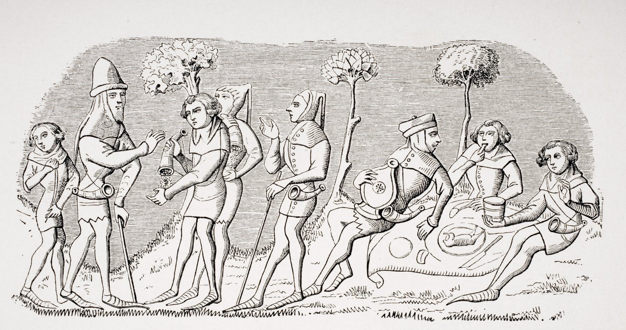 Hunting meal, reproduction of a miniature in the 14th century manuscript 