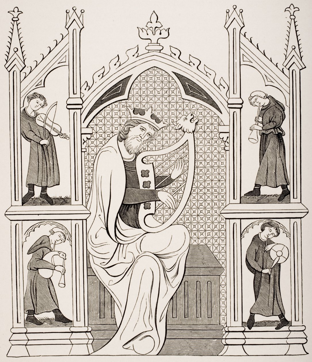 King David Playing the Lyre Surrounded by Four Musicians, after a miniature in a manuscript psalter, from 