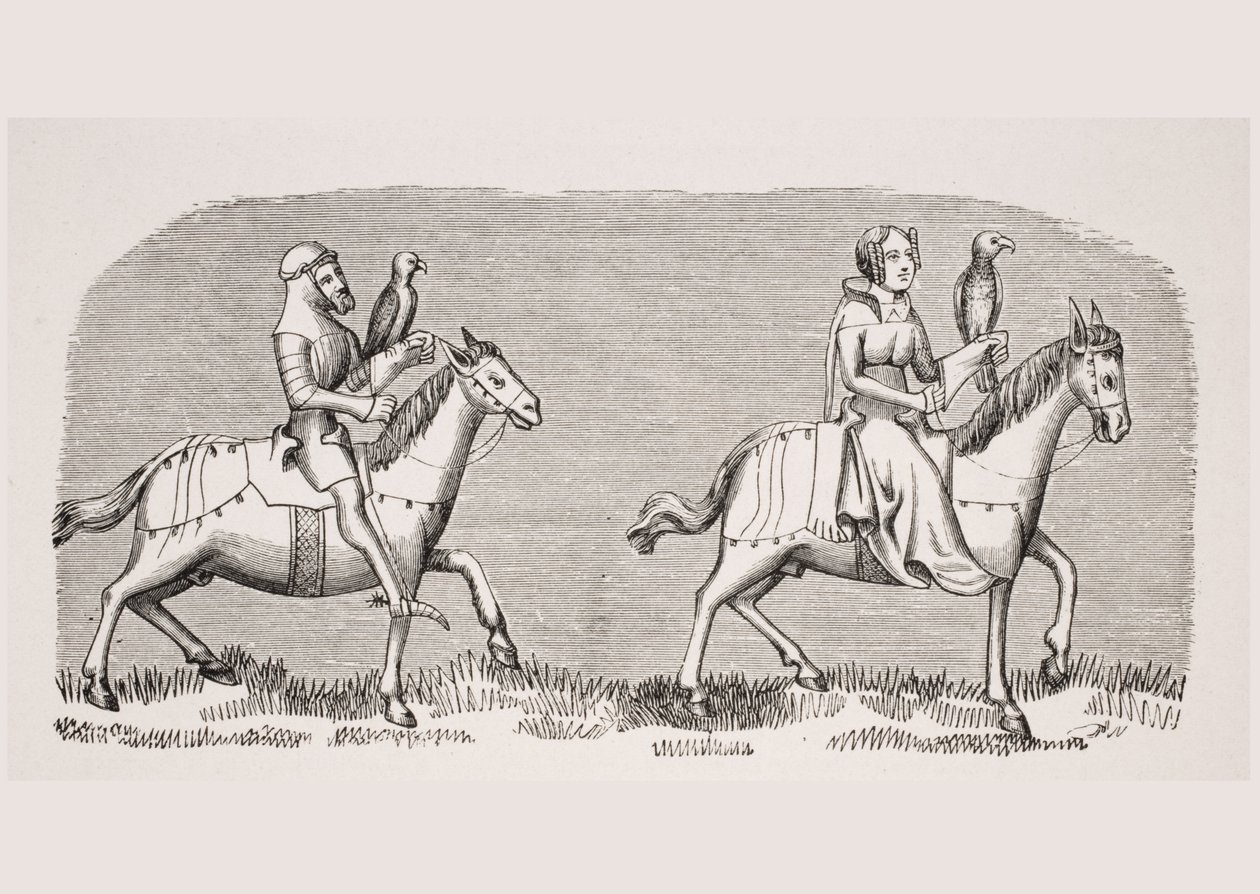 Lady setting out hawking, reproduction of a miniature in the 14th century manuscript 