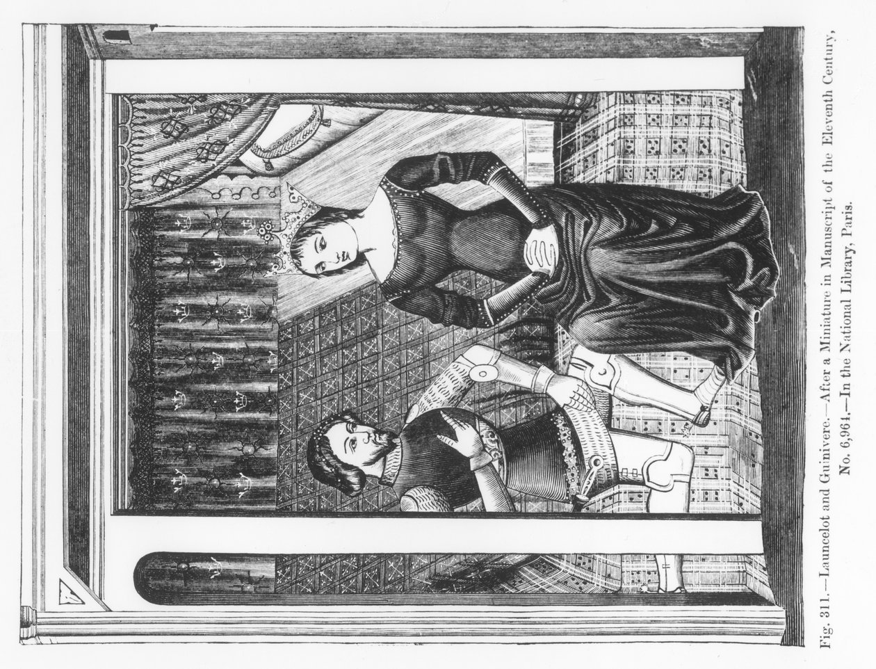 Lancelot and Guinivere, from a manuscript containing the Arthurian Legend, illustration from 