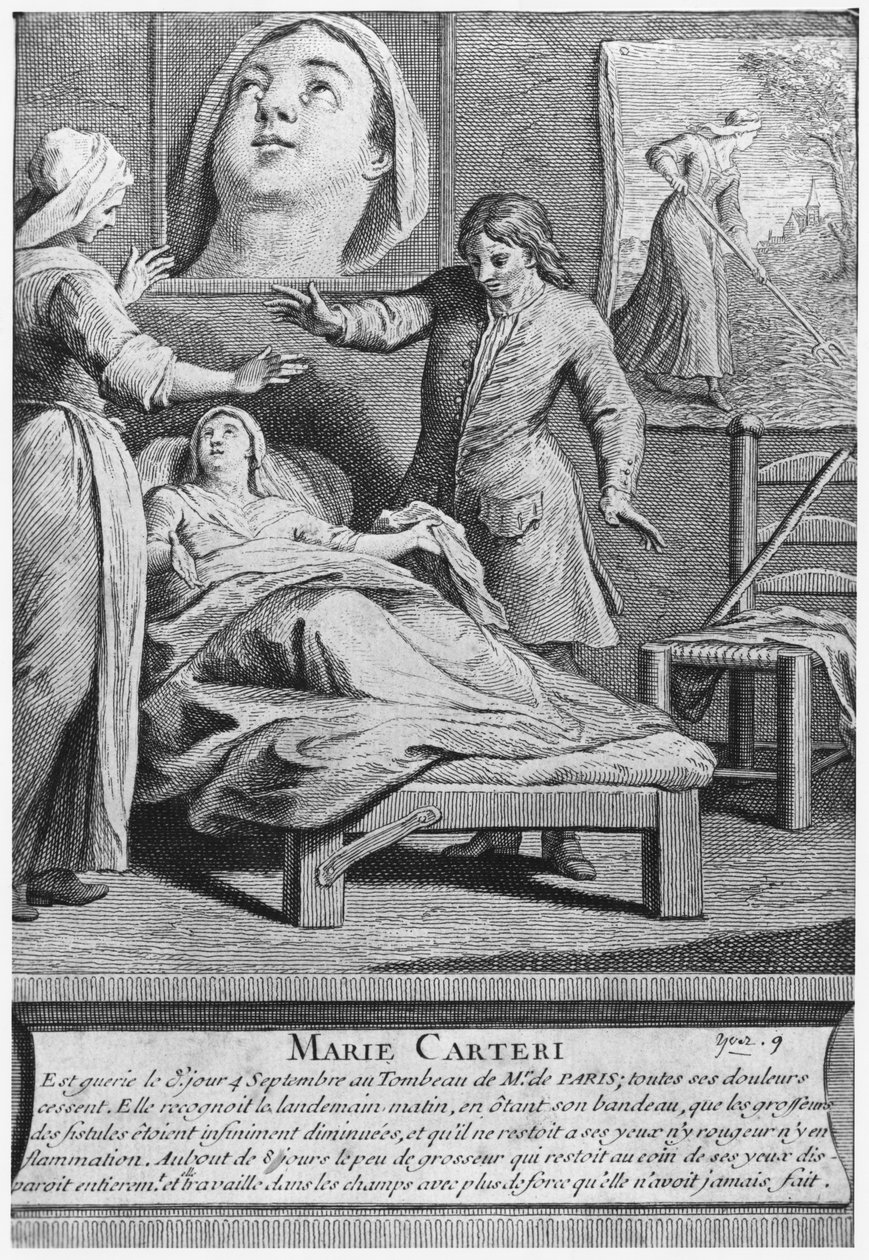 Miraculous healing of a blind woman, Marie Carteri, on the tomb of Deacon Francois de Paris at the parish cemetery Saint-Medard in Paris, engraved by Pieter Yver by French School