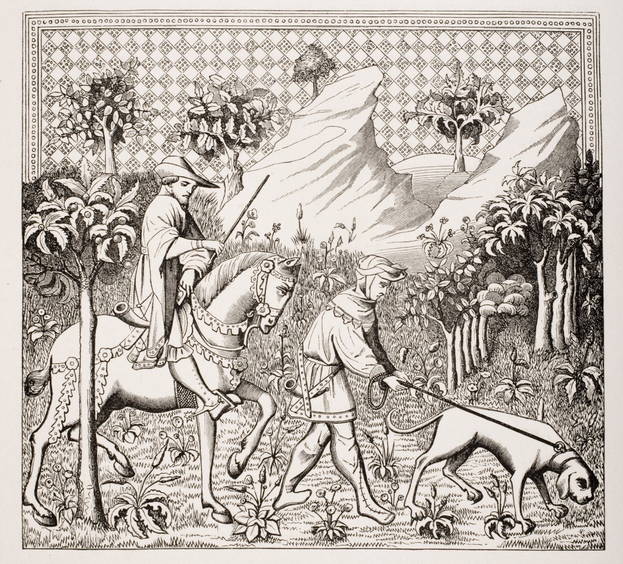 Nobleman in Hunting Costume with his Servant and Dog, after a 15th century miniature in 