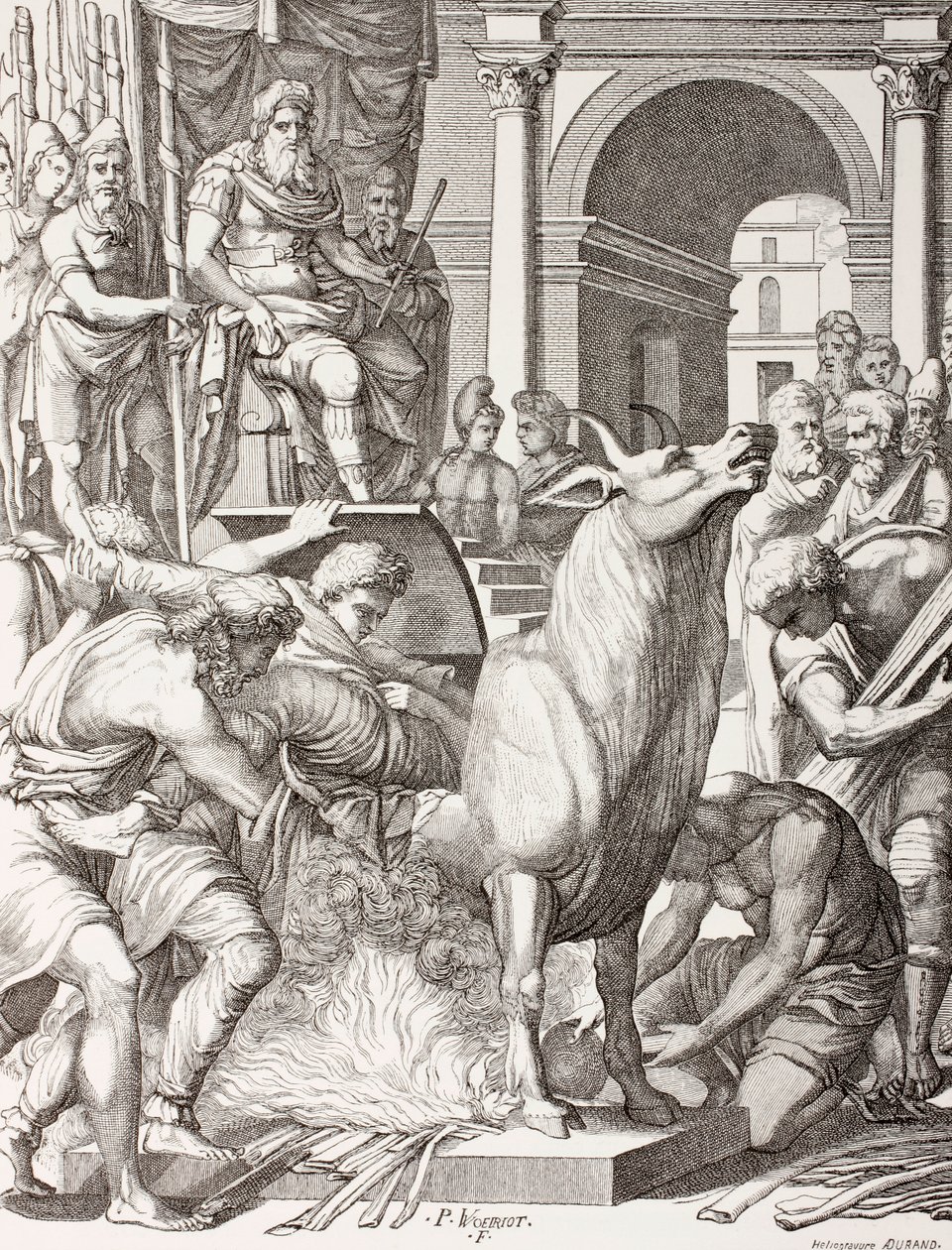 Phalaris condemning the sculptor Perillus to die in the bronze bull, to be roasted alive and his cries will represent the bellowing of the bull, after a 16th century work, from 