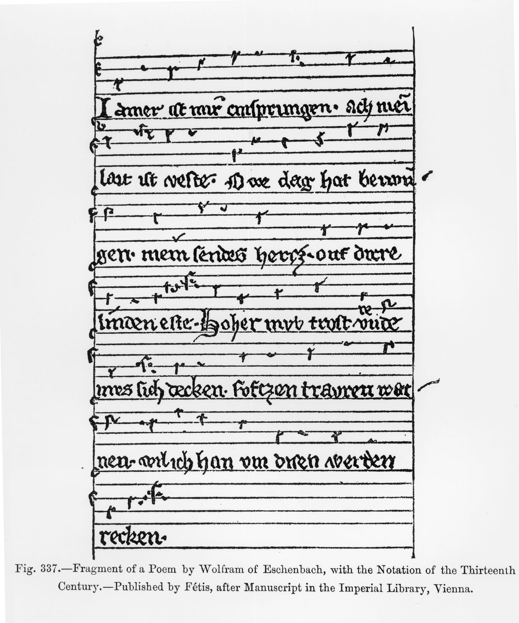 Fragment of a poem by Wolfram of Eschenbach, published by Fetis, illustration from 