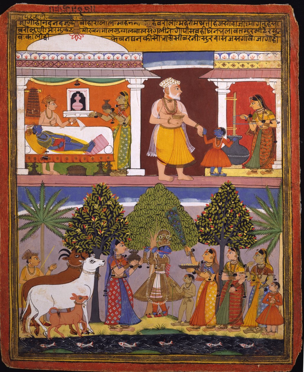Scenes from the Childhood of Krishna, from a Sur Sagar Manuscript by   Manohar