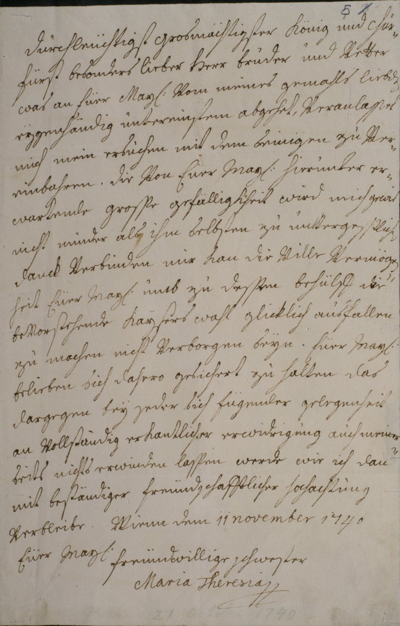 A letter from Maria Theresa to King Frederick II asking for his support for the imperial election of her husband Francis I, 11th November 1740 by Maria Theresa of Austria