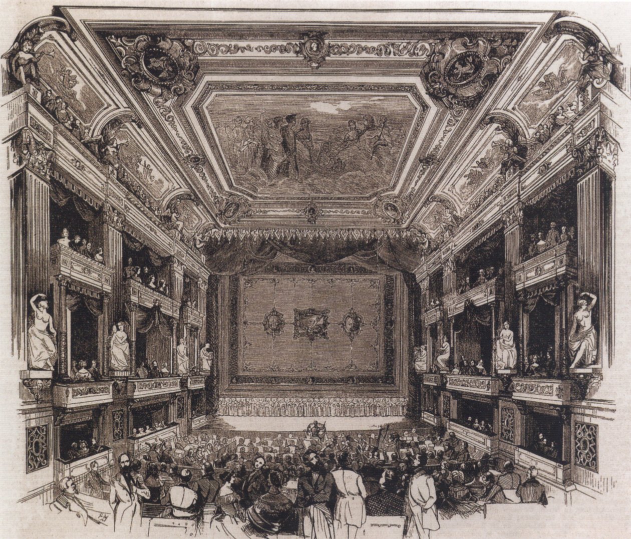 Audience Hall of the Rebuilt Royal Opera House Berlin, 1844, Illustrated Newspaper No. 88, Berlin 1845 by Unknown