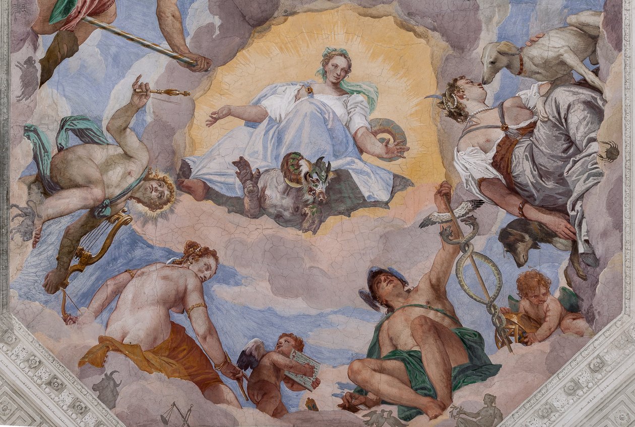 Universal Harmony surrounded by gods: Zeus with an eagle, Mars, Apollo with the lyre, Venus, Mercury with caduceus, Diana with dogs, and Saturn by Veronese