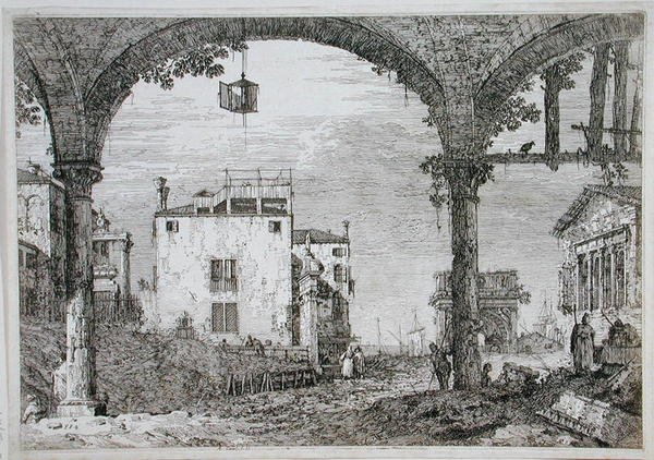 View through an arcade towards coastal buildings by Canaletto