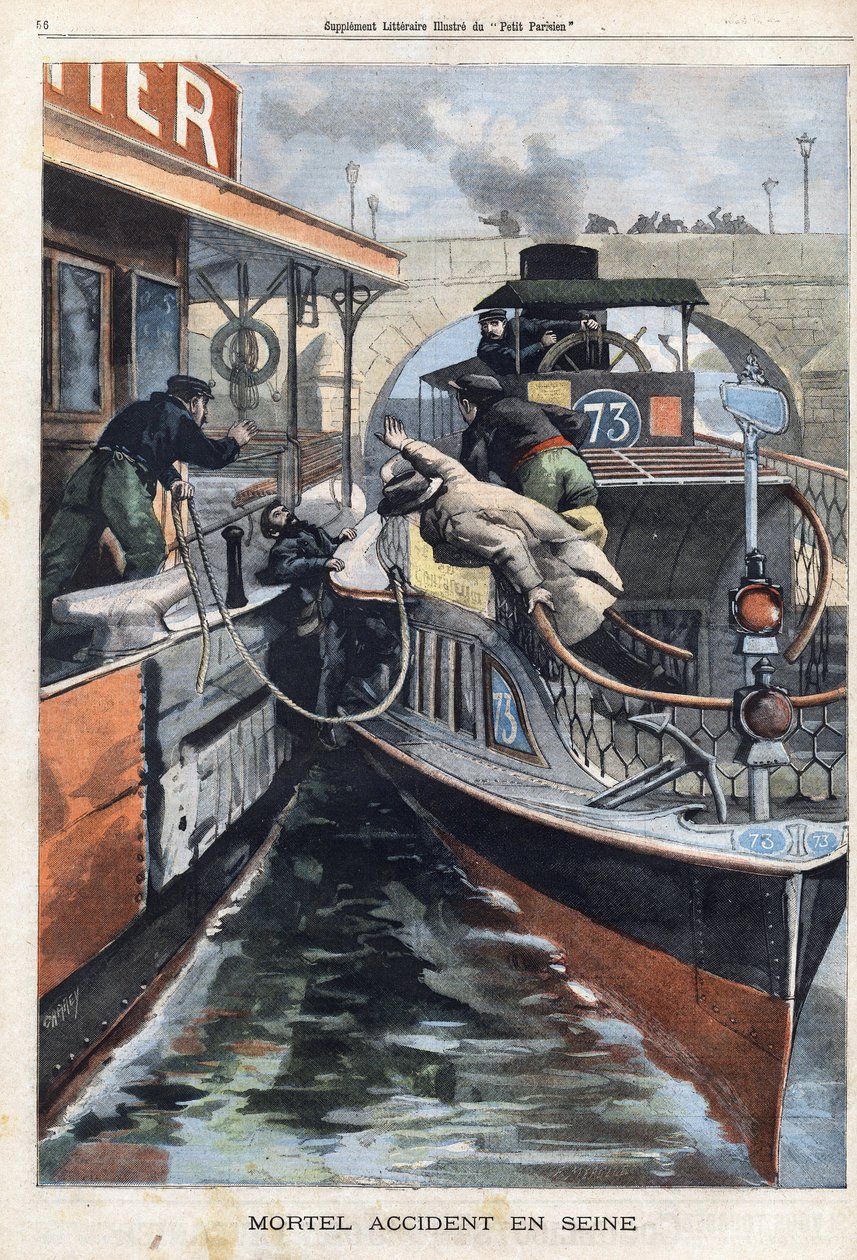 Fatal accident on the Seine: an employee of the company des Bateaux Parisiens dies crashed between two boats near the Charenton bridge. Engraving in Le Petit Parisien on 17/02/1901. by (after) Carrey