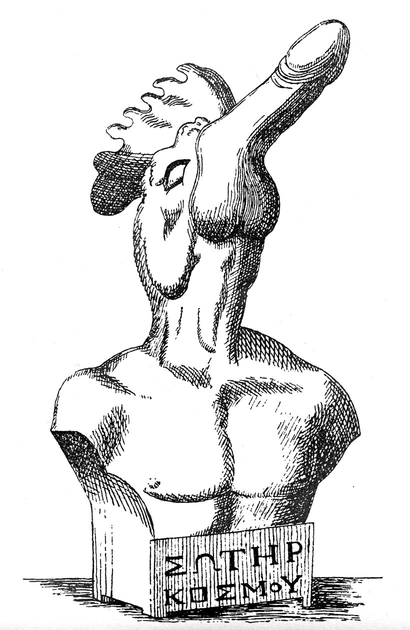 Ancient Greek or Hellenistic bronze sculpture depicting a human torso with a cock and phallus for head and Greek inscription 