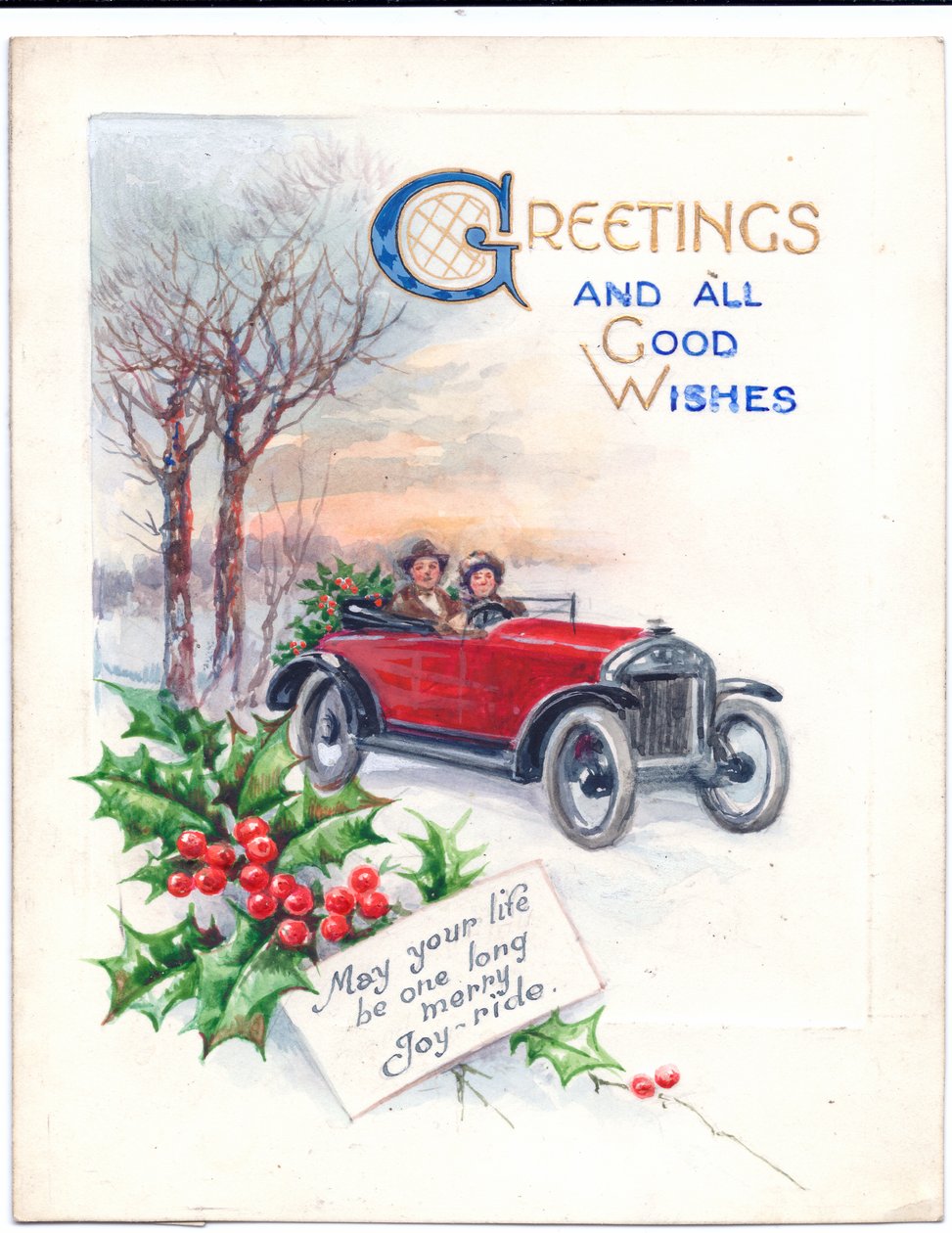Original Artwork for a Christmas Card of a Red Car and Holly, Circa 1951 by (after) English School