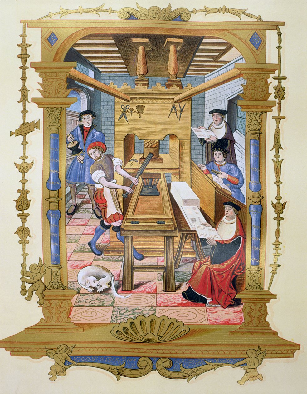 Interior of a 16th century printing works, copy of a miniature from 