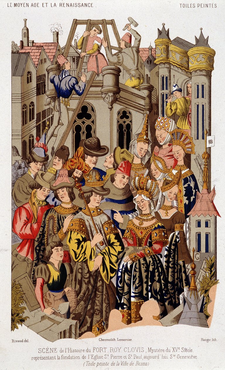 Scene of the history of Fort Roy de Clovis. Mystery of the 15th century representing the foundation of the Church of St. Peter and St. Paul, today Saint Genevieve. Painted canvas of the city of Reims. by (after) French School