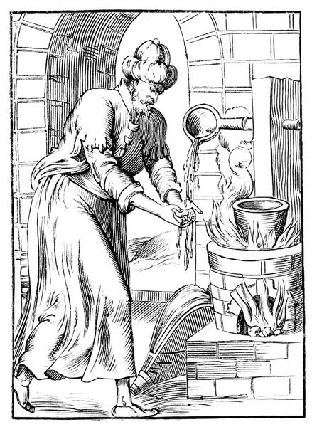 The gipsy who washed his hands in molten lead, after a woodcut in 