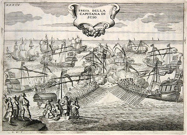 Galleons and Galeasses battling: capture of the Captain of the Island of Chios, illustration from 