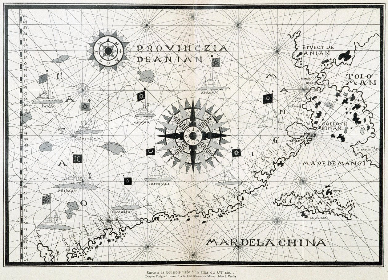 Map of the Compass Rose from a 16th Century Atlas, Based on the Original Preserved in the Library of the Museo Civico in Venice by (after) Italian School