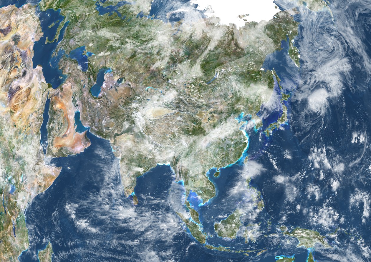 Asia with Cloud Coverage, True Colour Satellite Image by Unknown