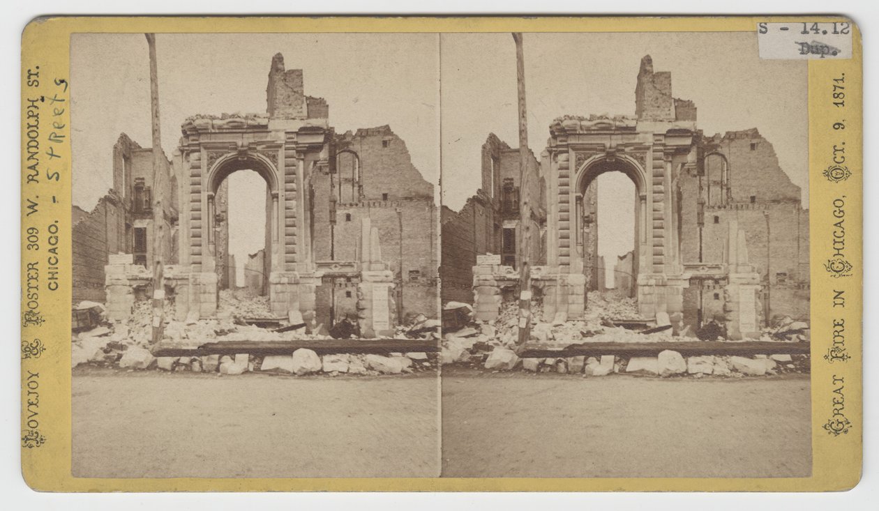 Stereograph of view of ruins on Washington Street after the Chicago Fire of 1871 by American Photographer