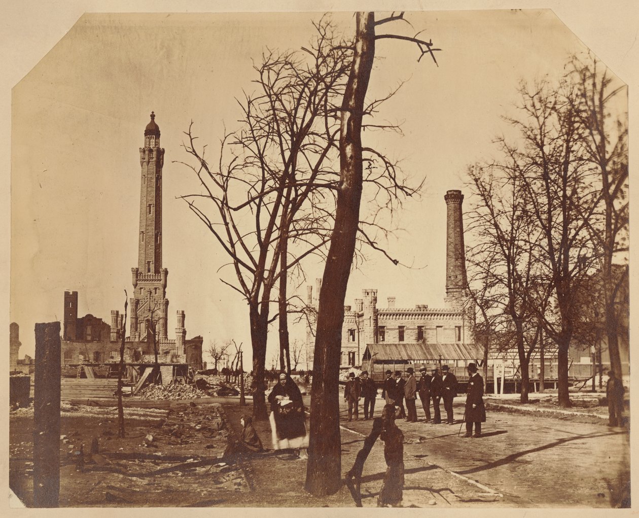 Stereograph view of the Chicago Waterworks after the Chicago Fire, 1871 by American Photographer
