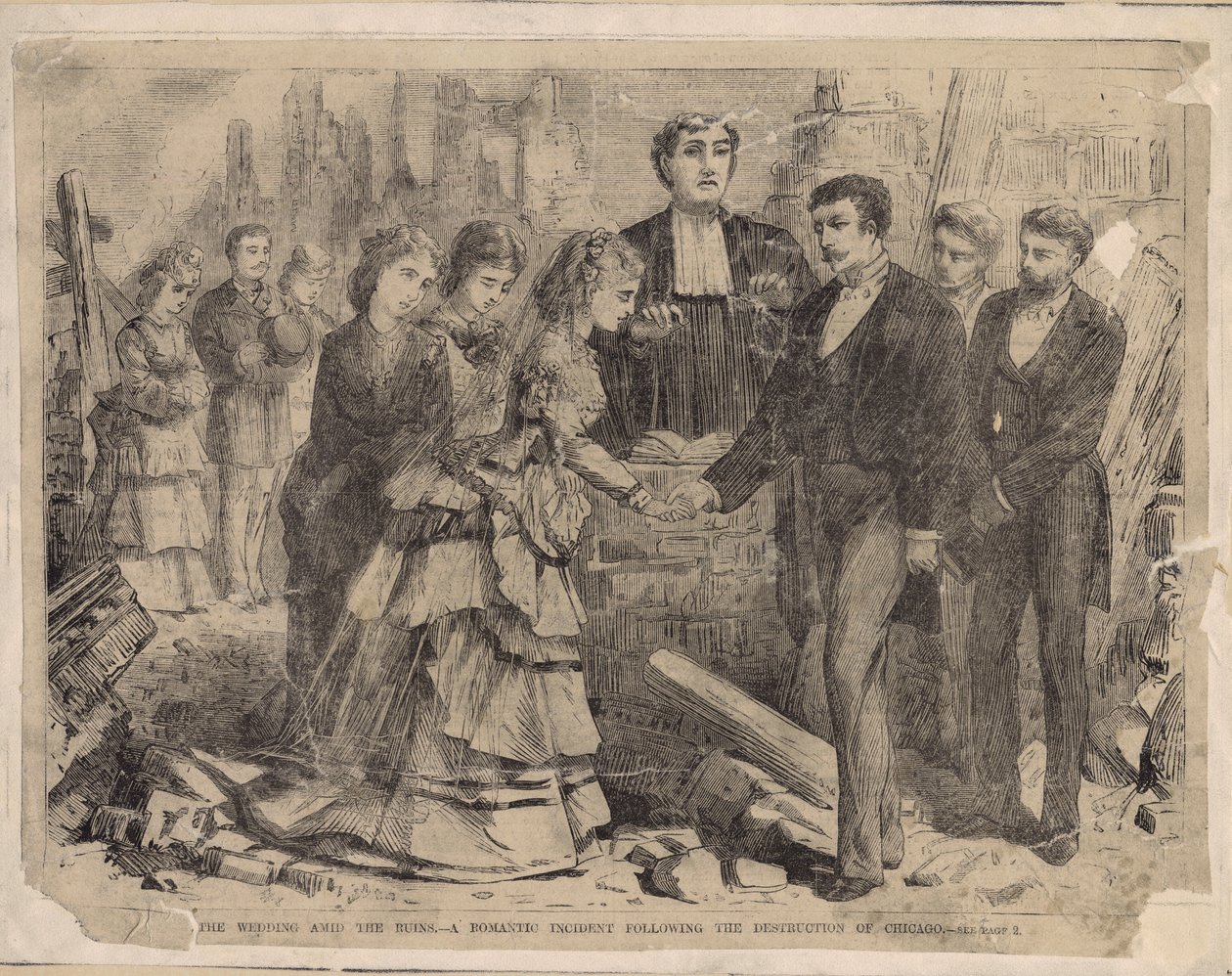 A Wedding Amid the Ruins - A romantic incident following the destruction of Chicago, illustration from Harper