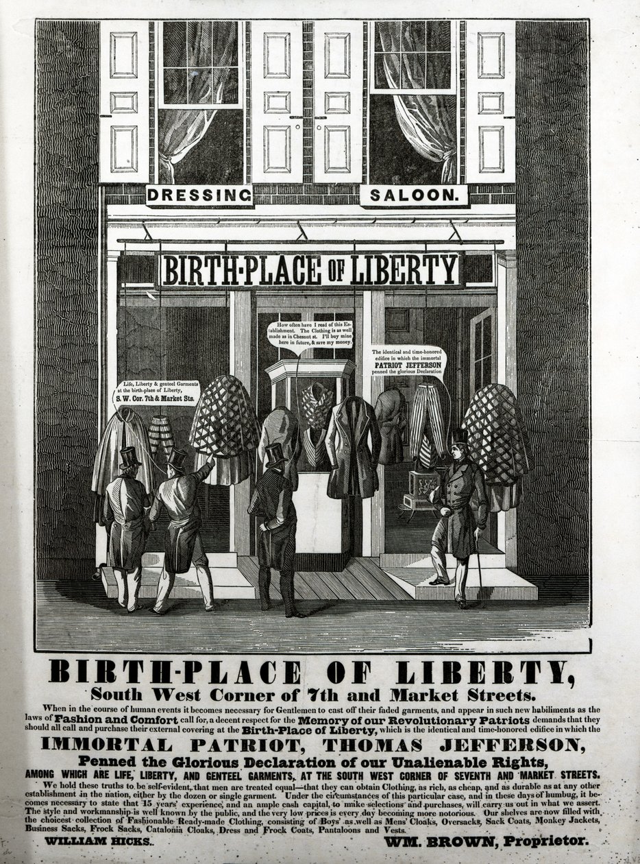 Birth-Place of Liberty Dressing Saloon, South West Corner of 7th and Market Streets... in which the immortal patriot, Thomas Jefferson, penned the glorious declaration of our inalienable rights.... by American School