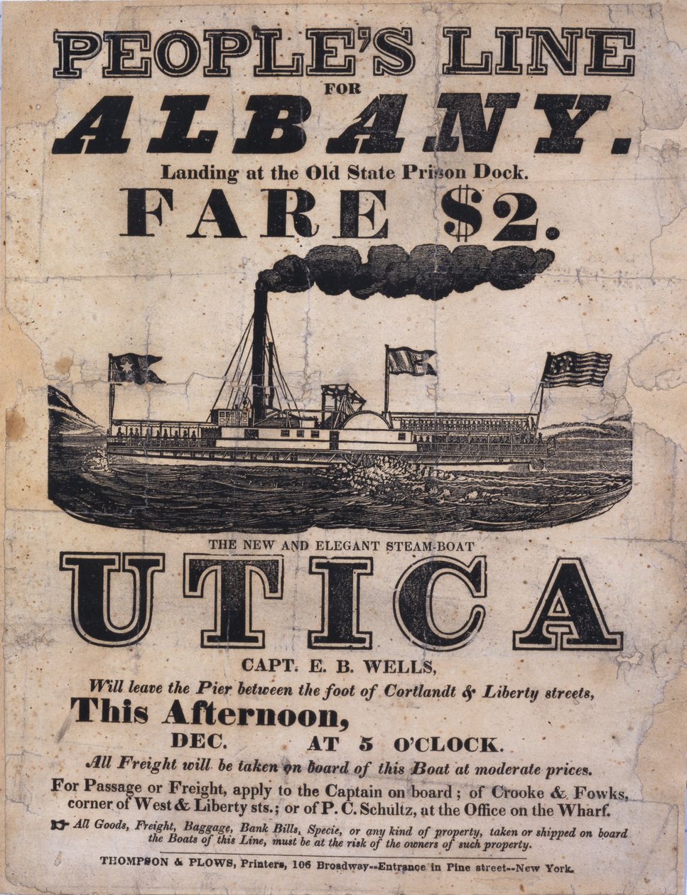 Broadside advertising Peoples Line for Albany, The New and Elegant Steamboat Utica by American School