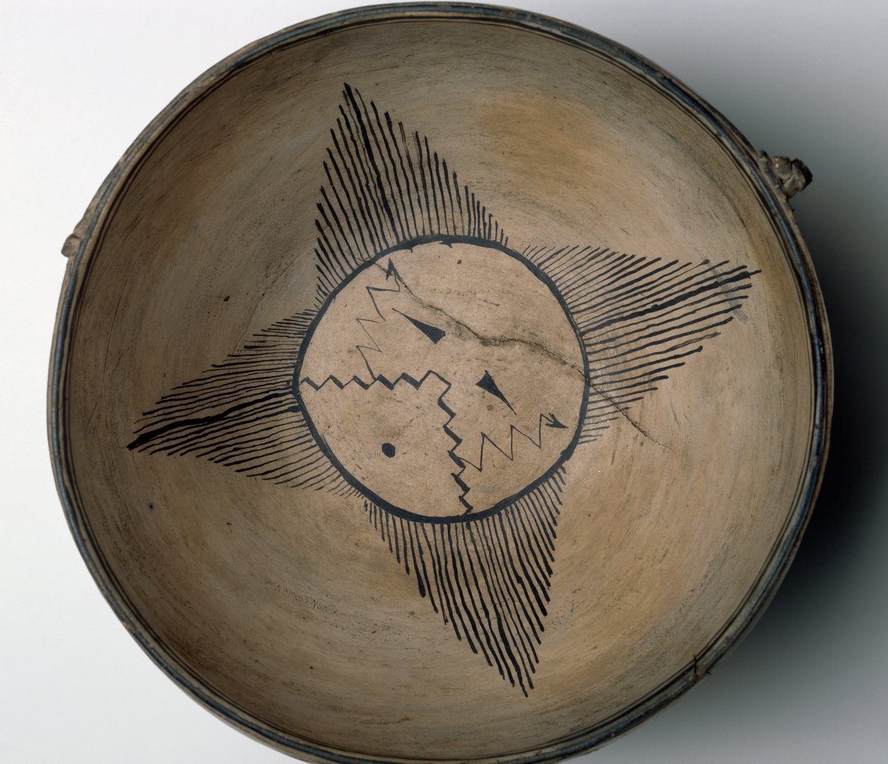 Cochiti Pueblo ritual bowl with sun, birds, clouds, lightning and rain, c.1890 by American School