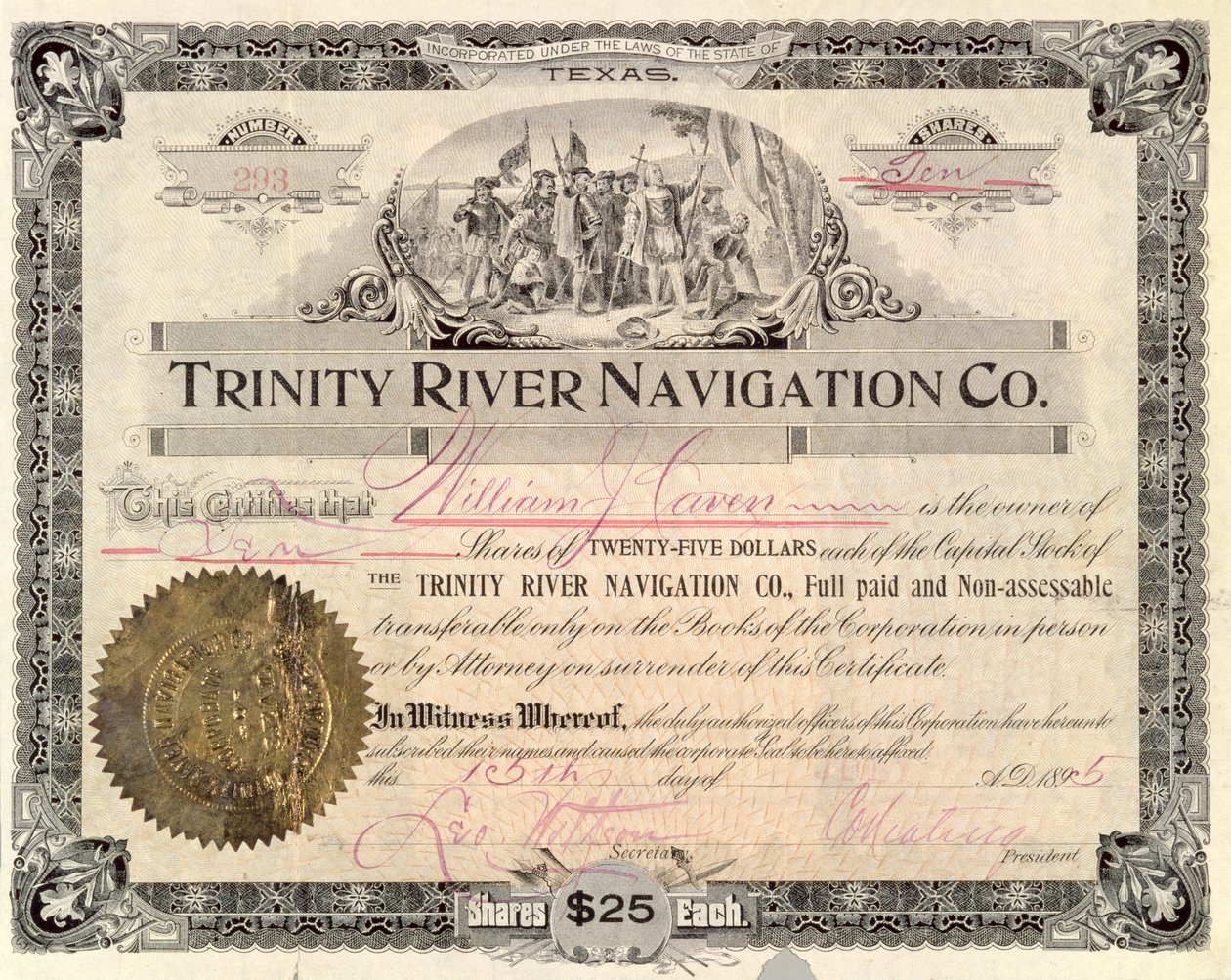 Stock Share for Trinity River Navigation Co., 1895 by American School