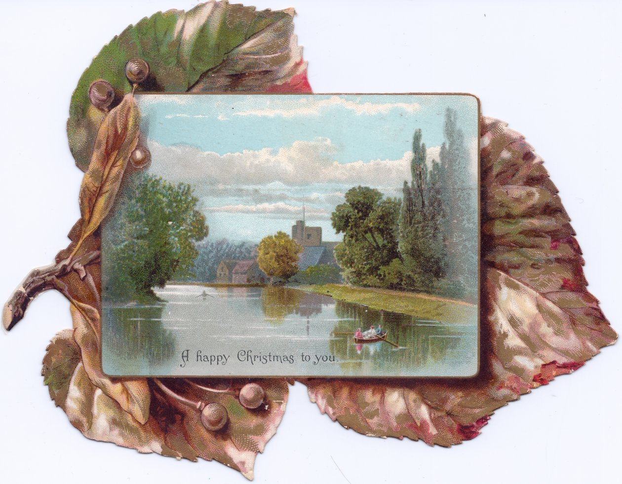 A Victorian die-cut shape card of a leaf with a painting of a rowboat on a lake on it, c.1880 by English School