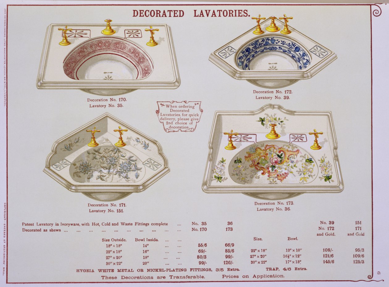 Decorated Lavatories from a catalogue of sanitary wares produced by Morrison, Ingram & Co., Manchester by English School