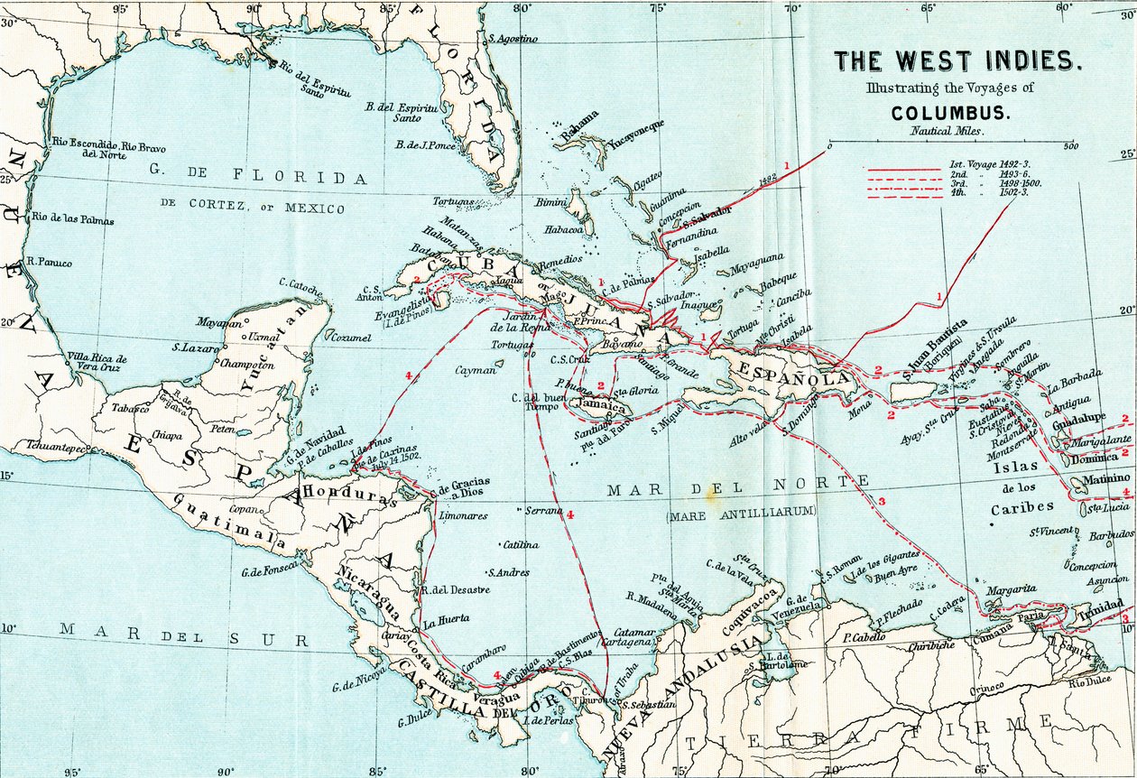 Map of the West Indies illustrating the voyages of Christopher Columbus, from Life of Christopher Columbus by Clements R. Markham, published 1892 by English School