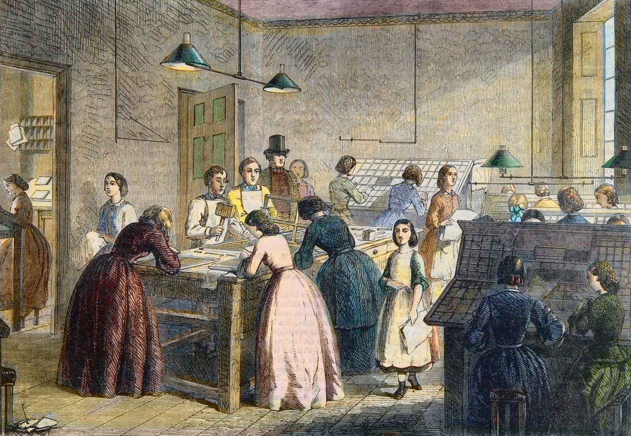 Women compositors at the printing office of the Victoria Press, Great Coram Street, London, in 1860 by English School