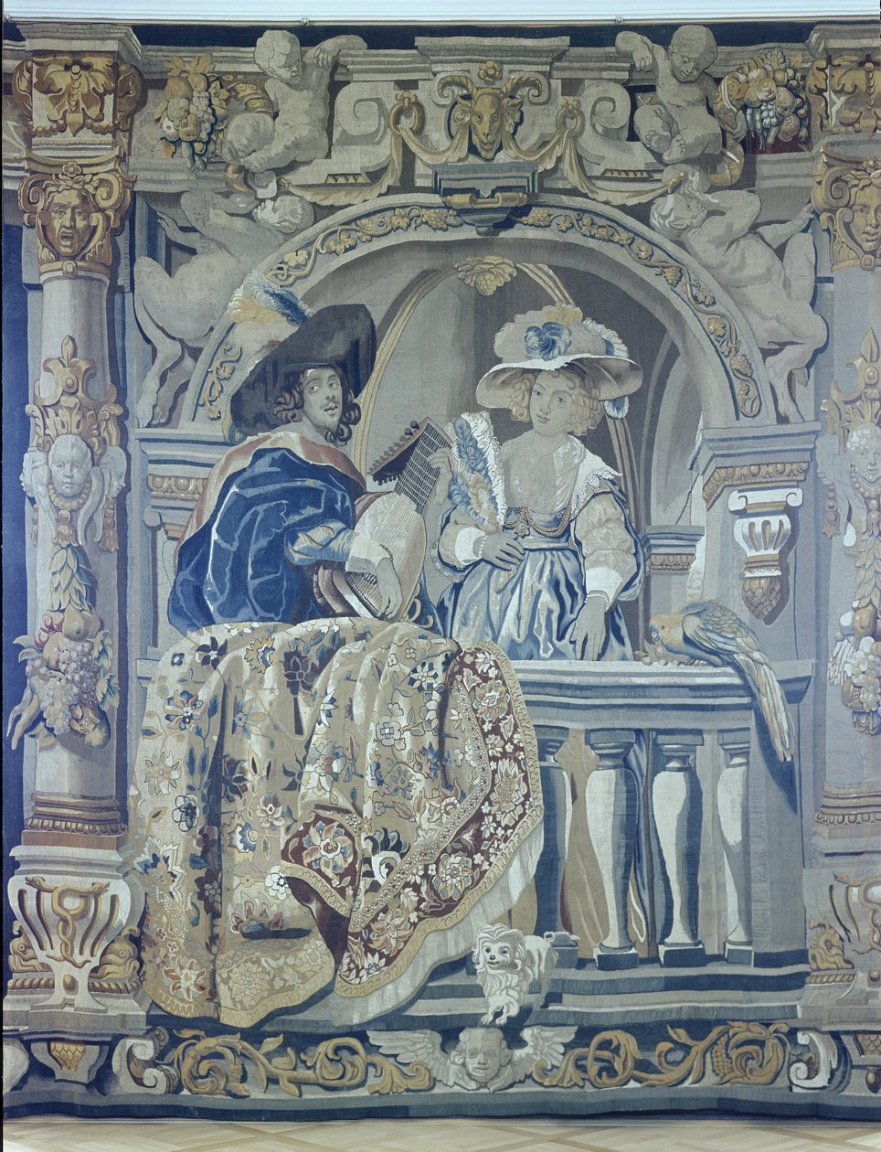 Tapestry with a lady and cavalier on a balcony by Flemish School