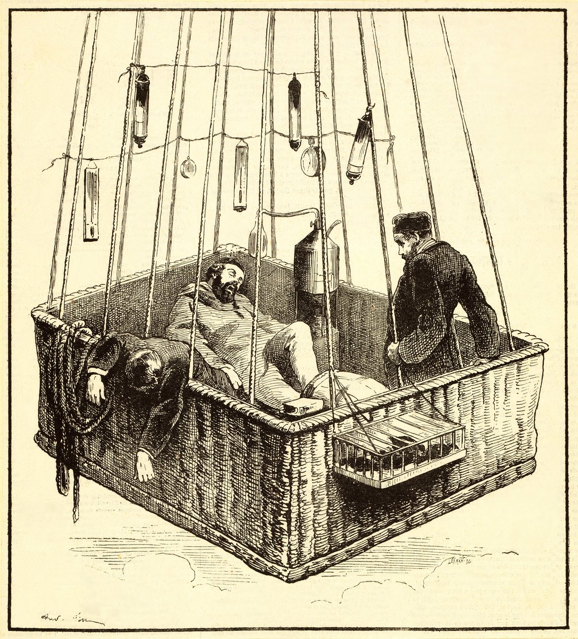 Joseph Crocé-Spinelli, Henri Sivel, and Gaston Tissandier in the basket of the balloon, Zénith, after losing consciousness due to lack of oxygen after reaching an altitude of nearly 28,000 ft., near P by French School