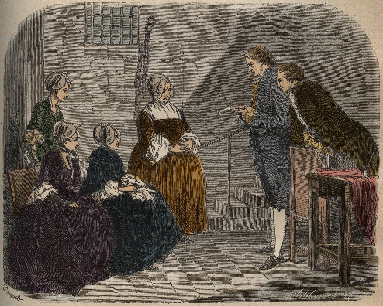 Madam Calas, with her two daughters, listens to the verdict of the trial of her husband, Jean, illustration from Causes célèbres de tous les peuples by French School