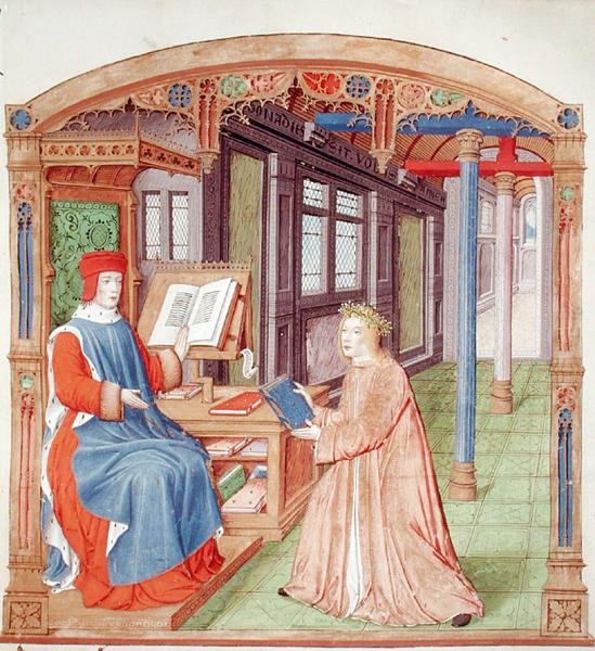 Virgil offering his book to Maecenas, from The Eclogues by Virgil with a commentary by Servius by French School