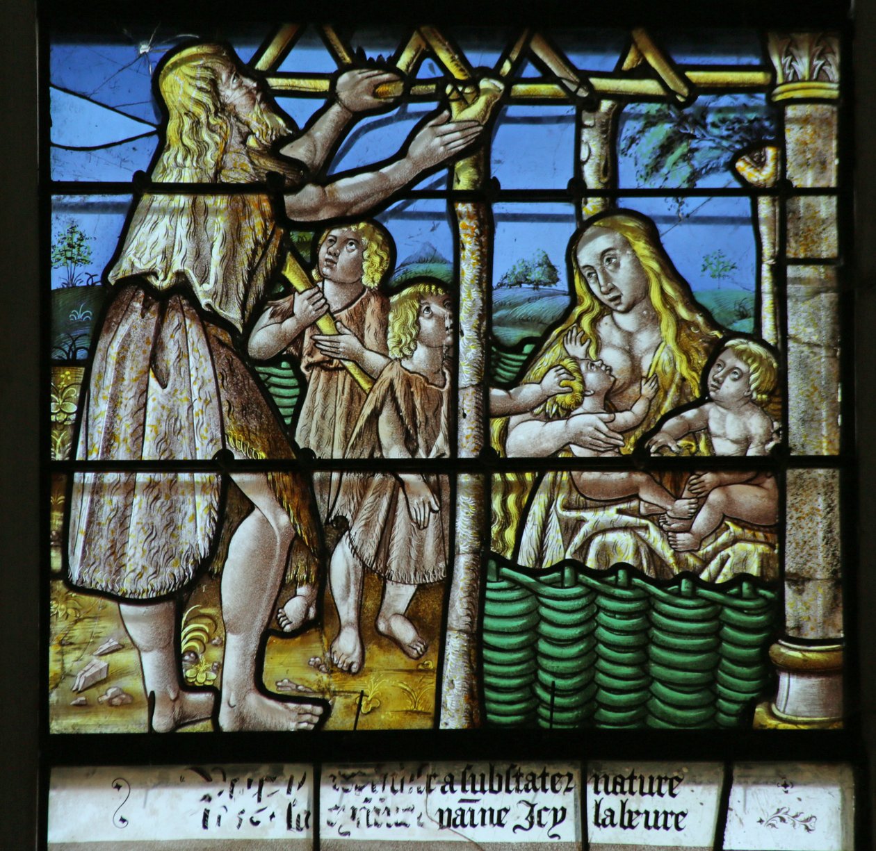 Window depicting Adam building a House and Eve bringing up Children by French School