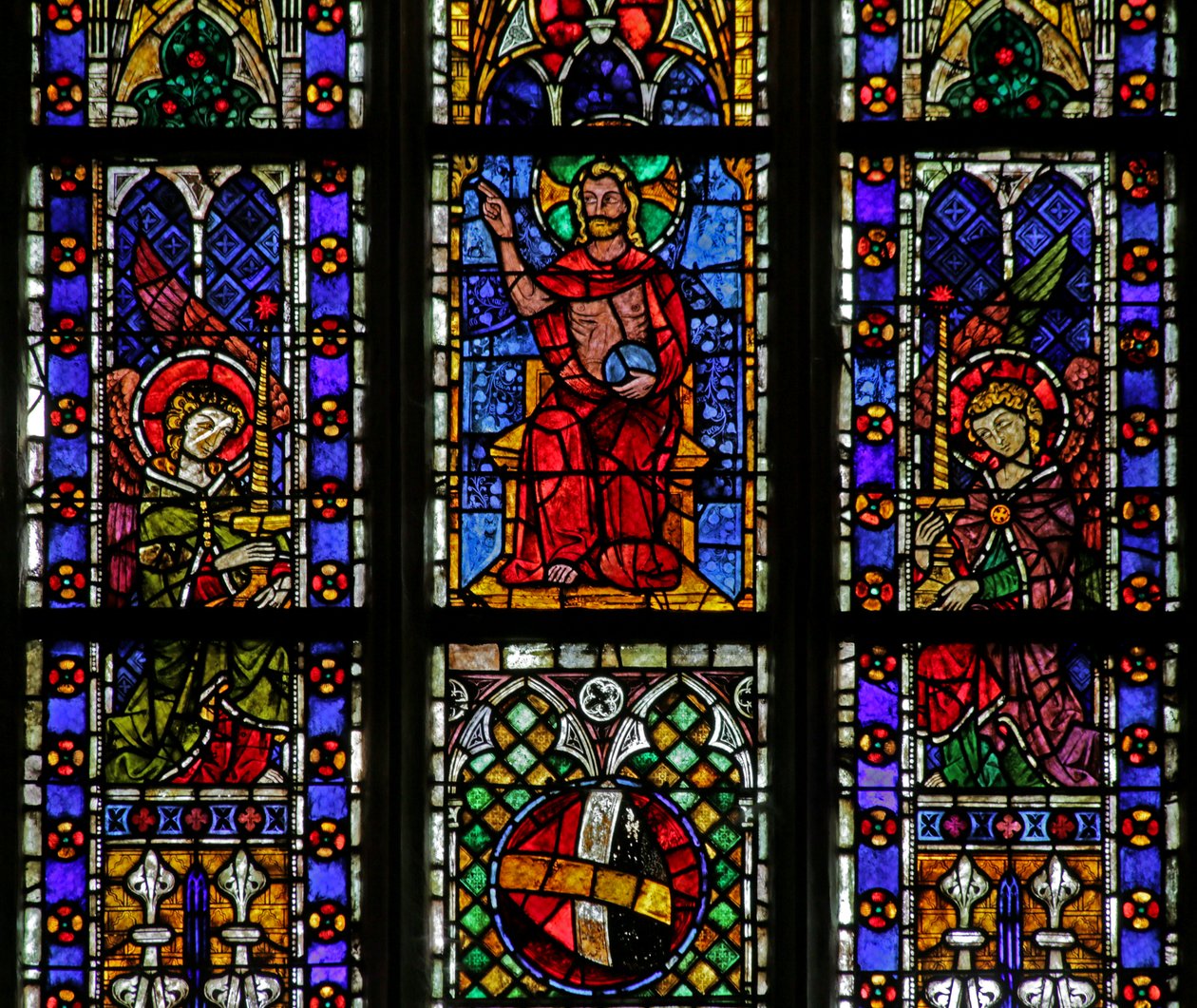 Window depicting Christ with two Angels and Candles by French School