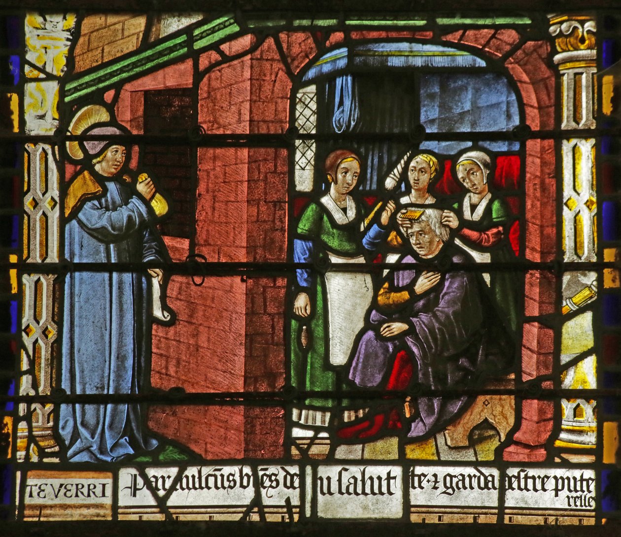 Window depicting Saint Nicholas leaving money for the father of three girls by French School