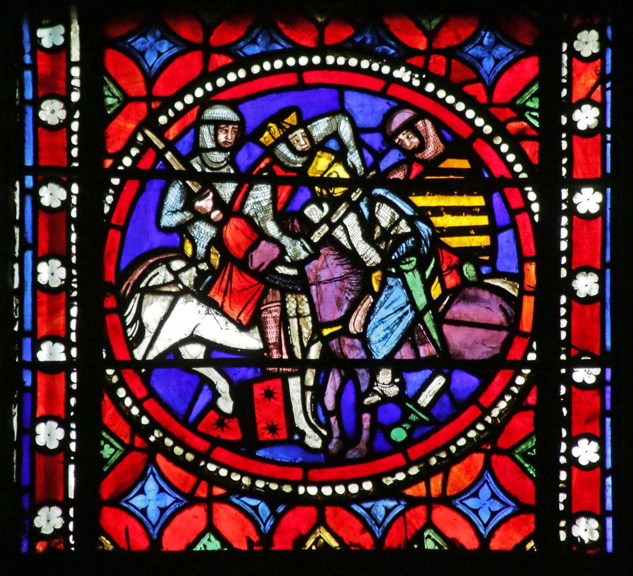 Window depicting Scene from the life of Saint Bonnet: King Aripert mortally wounding a Knight by French School