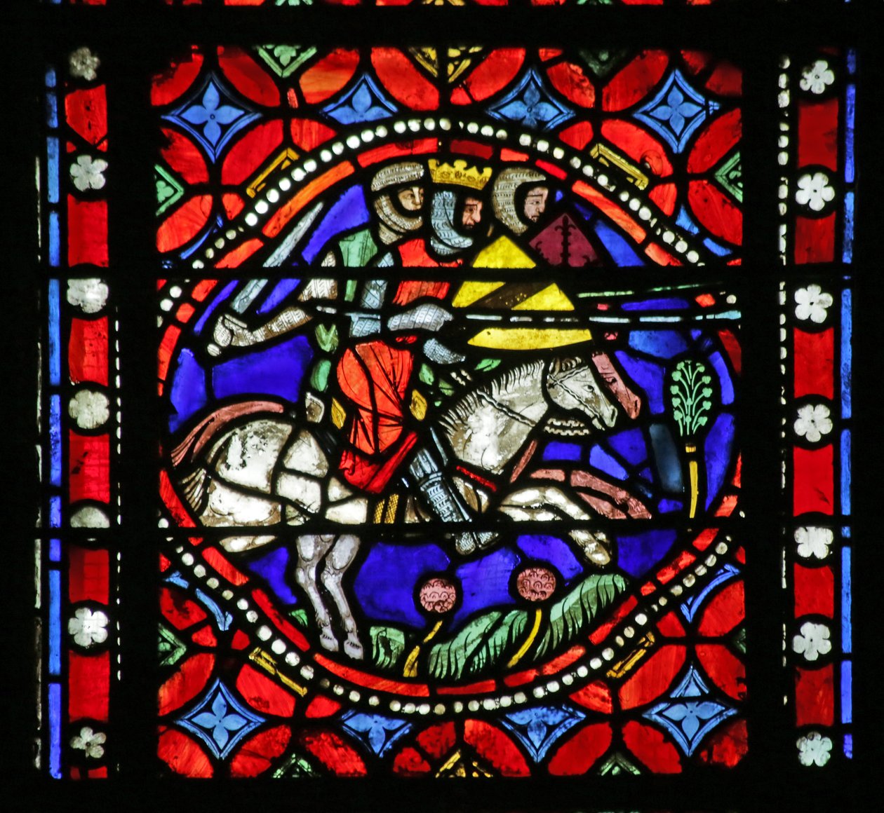 Window depicting Scene from the life of Saint Bonnet: King Aripert and his entourage going forth to meet the Baron by French School