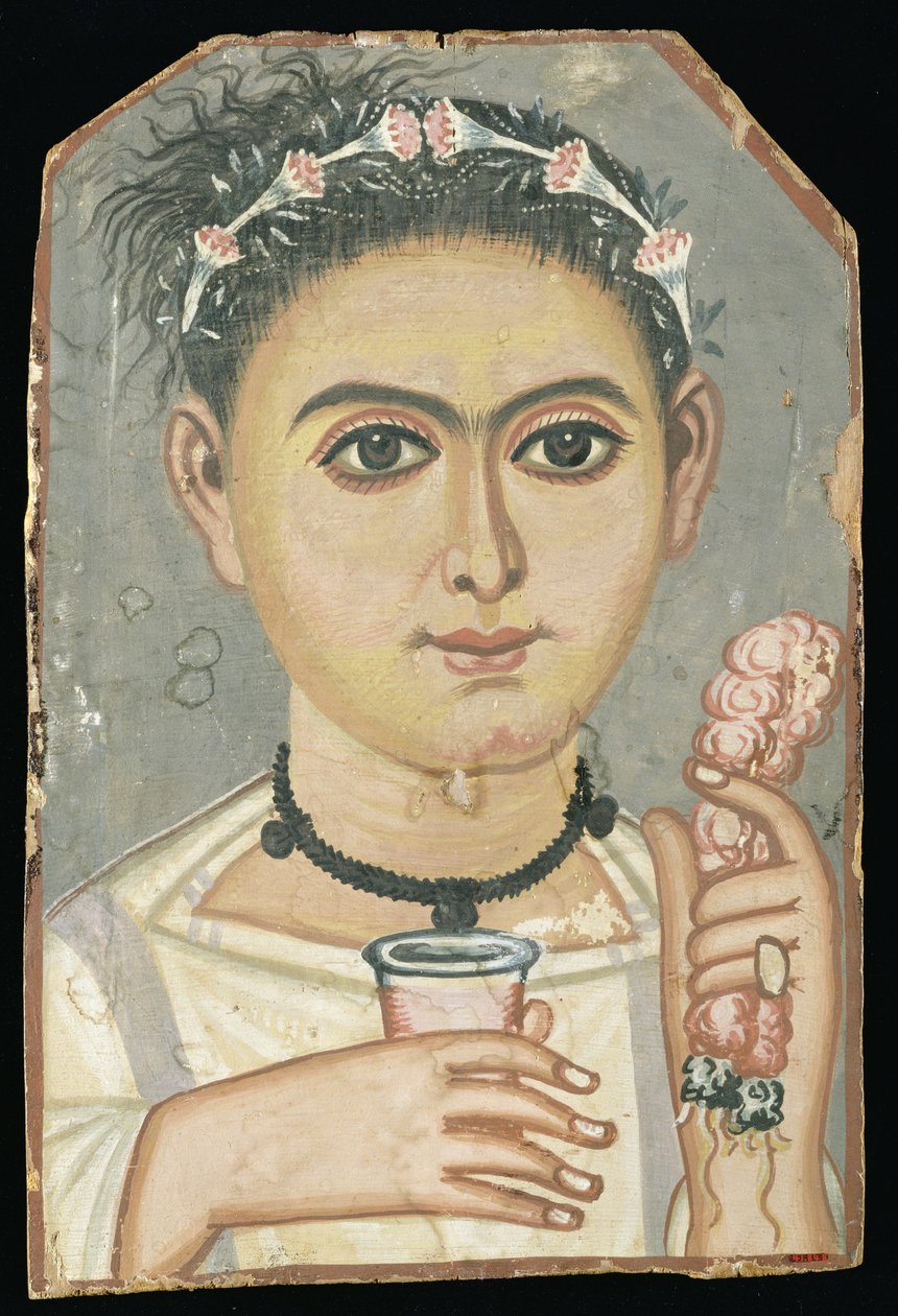Portrait of a Young Person: Boy with a Floral Garland in His Hair, Possibly from Er-Rubiyat, Faiyum, Egypt by Roman