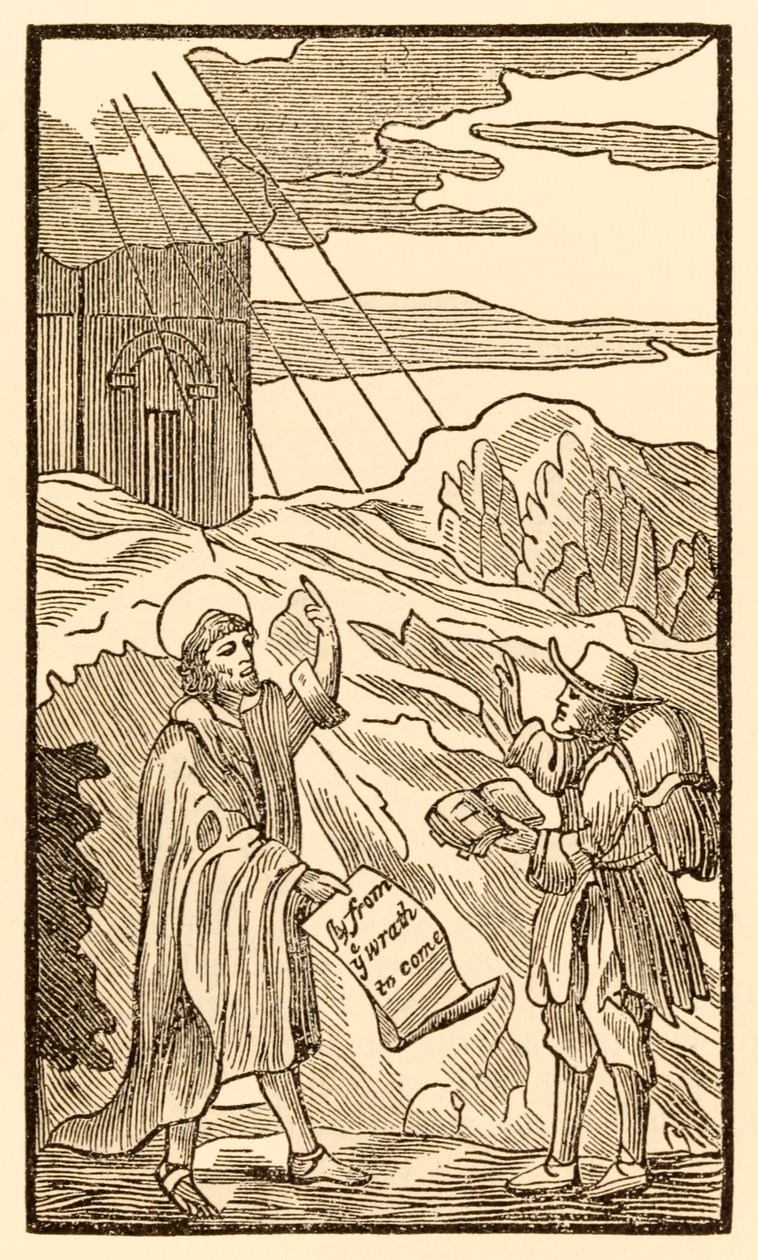 Christian No Sooner Leaves the World but Meets Evangelist from The Pilgrims Progress From This World, To That Which Is To Come by John Bunyan (1628-1688) by Unknown